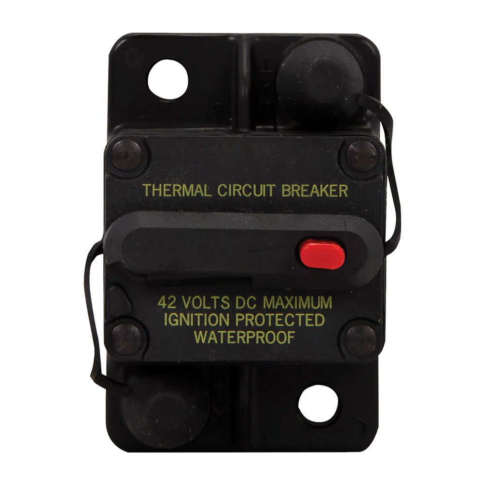 Black waterproof thermal circuit breaker, 42V DC max, ignition protected, with red reset button