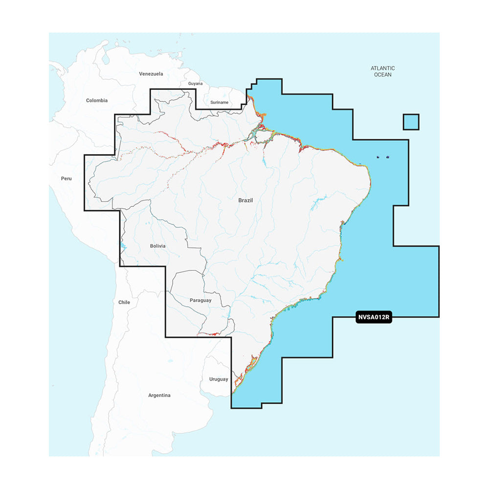 NVSA012R nautical chart covering Brazil, Argentina, Uruguay, and Atlantic Ocean coastline for marine navigation.