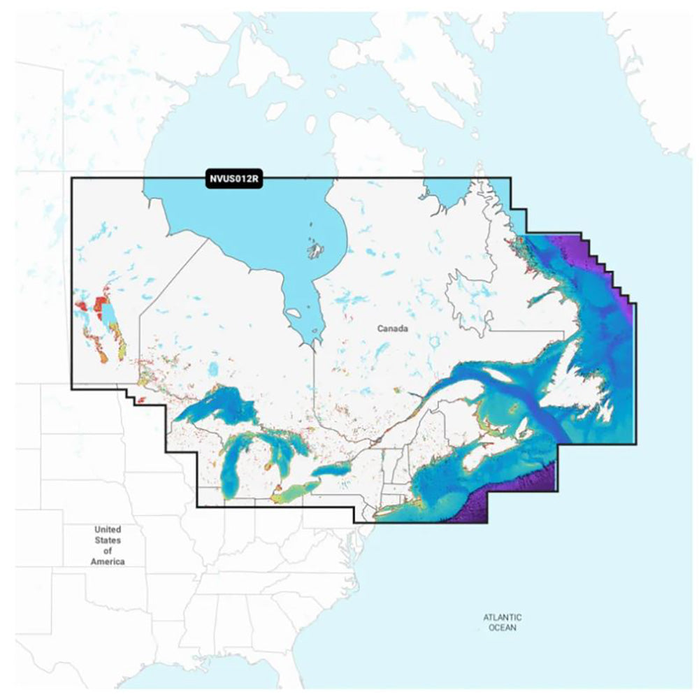 NVUS012R marine navigation map covering Canada, Great Lakes, and Atlantic coast for boating
