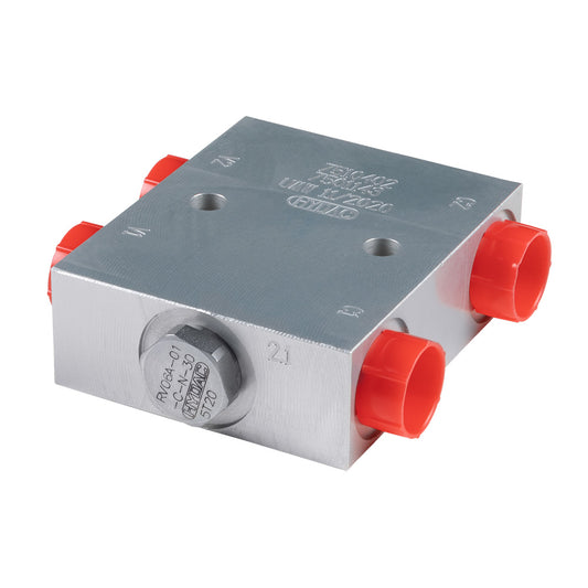 Hydraulic valve block with red ports and engraved specs for industrial fluid control systems