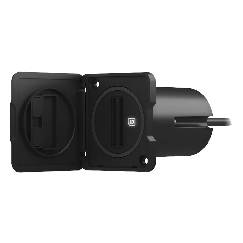 Black car charger with SD card slot and USB port for vehicle audio installation