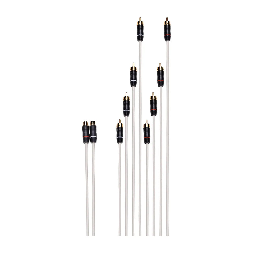 White RCA audio cables with gold-plated connectors for car stereo and home audio systems