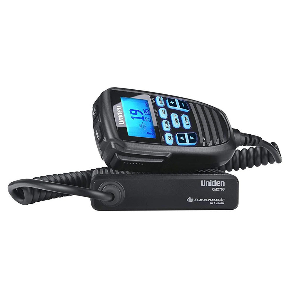 Uniden CMX760 Bearcat off-road CB radio with blue backlit display and coiled mic