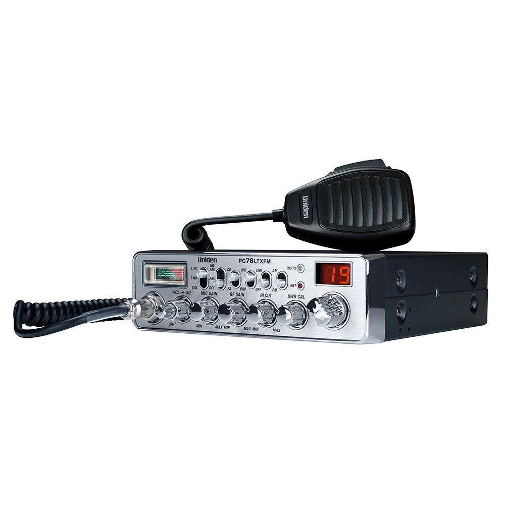 Uniden PC78LTXFM CB radio with microphone, featuring digital display and chrome knobs for truck or car use.