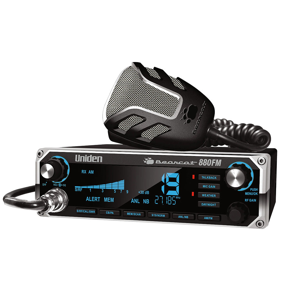 Uniden Bearcat 880FM CB radio with microphone, digital display, and control knobs for truck or car use