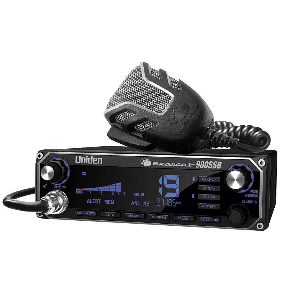 Uniden Bearcat 980SSB CB radio with microphone, digital display, and control knobs for truck or car use.