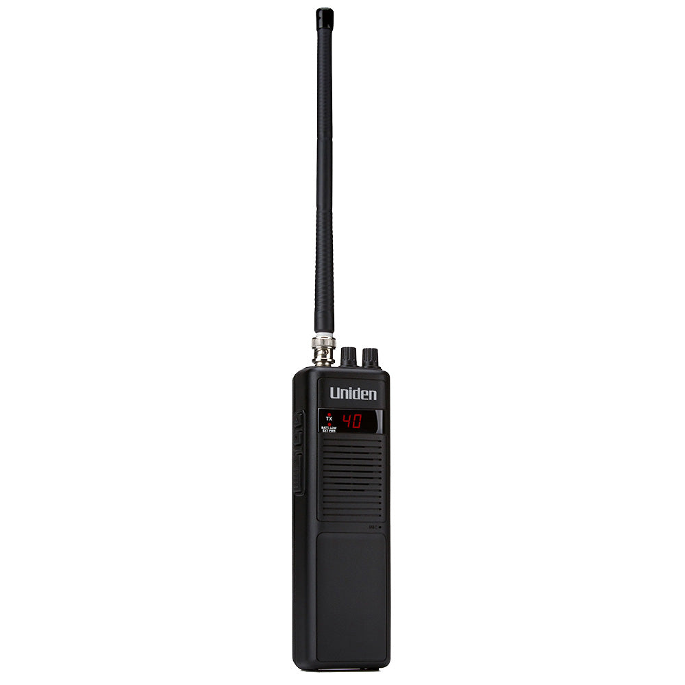 Uniden two-way radio with antenna, digital display showing channel 40, black handheld comms device