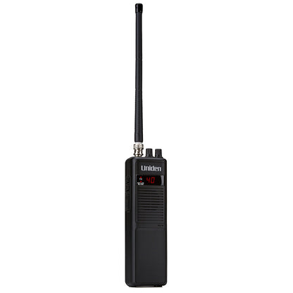 Uniden two-way radio with antenna, digital display showing channel 40, black handheld comms device