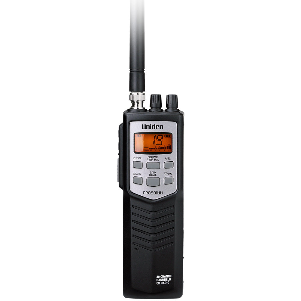 Uniden PRO501HH 40-channel handheld CB radio with digital display and antenna