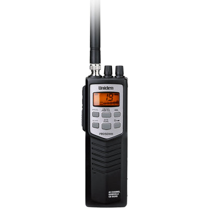 Uniden PRO501HH 40-channel handheld CB radio with digital display and antenna