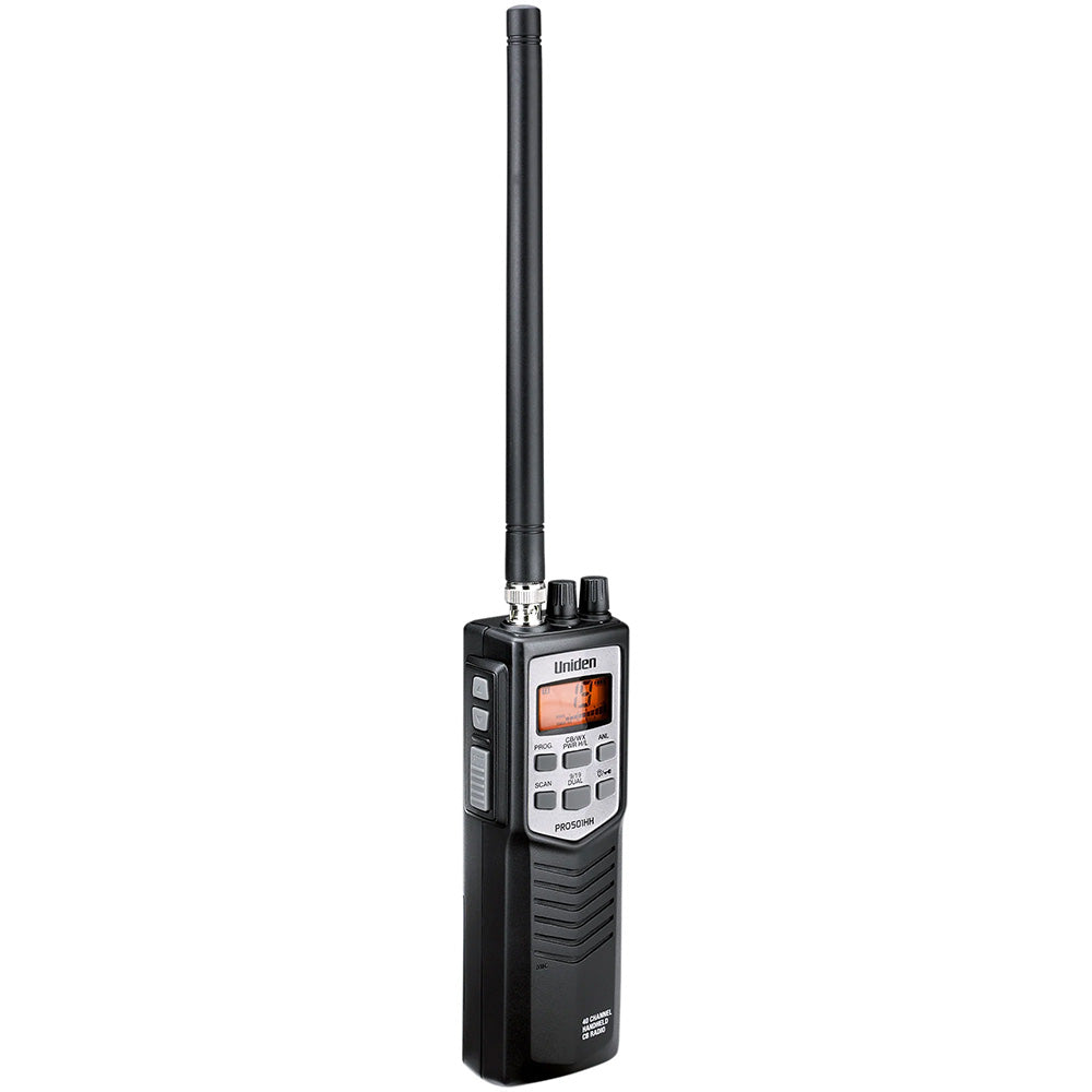 Uniden PRO501HH handheld CB radio with antenna, 40-channel, for truckers and mobile communication