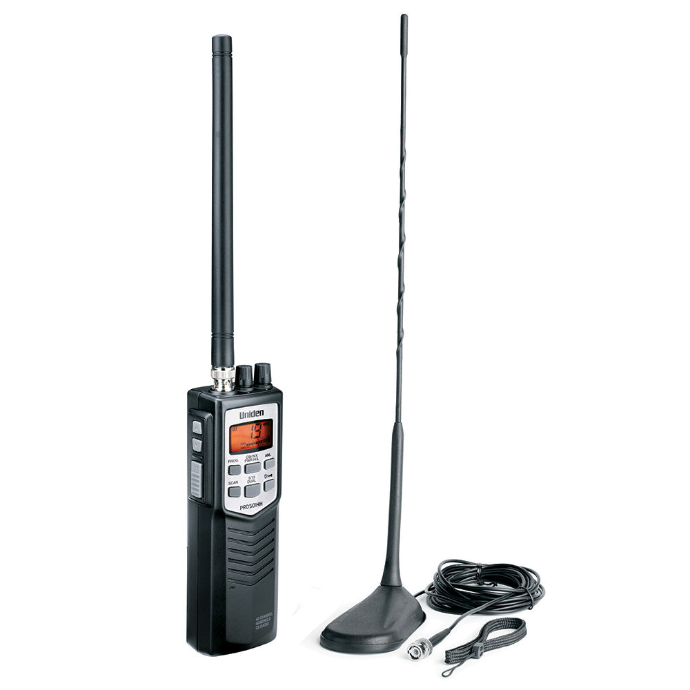 Uniden PRO50HX handheld CB radio with antenna and cable, compact design for mobile communication