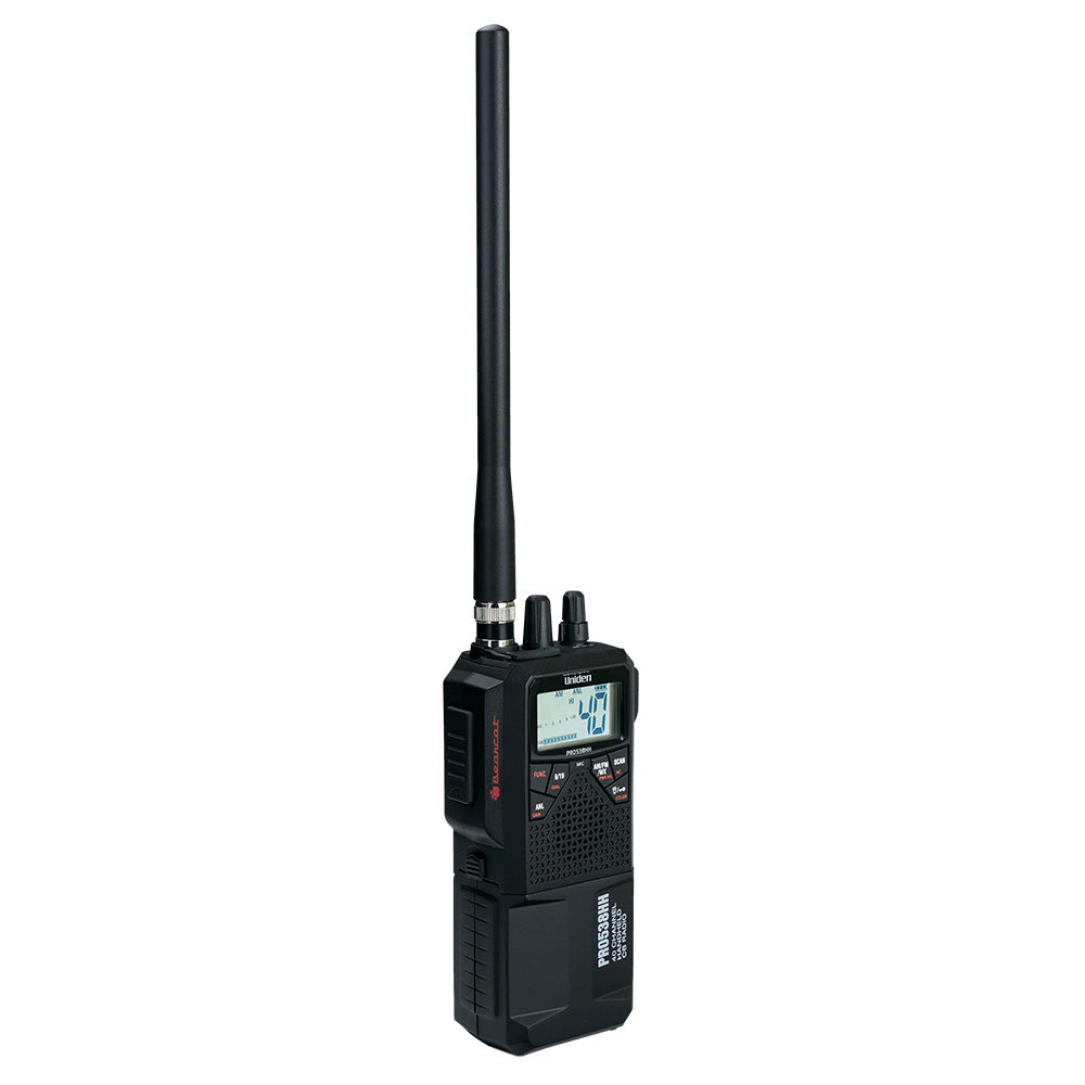 Uniden Bearcat PRO538HH handheld CB radio with digital display and antenna, ideal for truckers and emergency use.