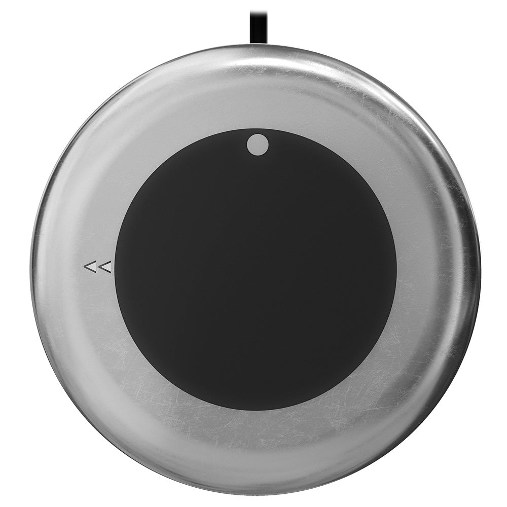 Circular metallic audio control knob with rewind symbol, sleek design for car or home audio systems