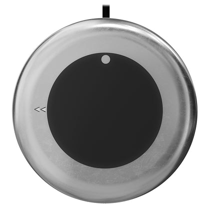 Circular metallic audio control knob with rewind symbol, sleek design for car or home audio systems