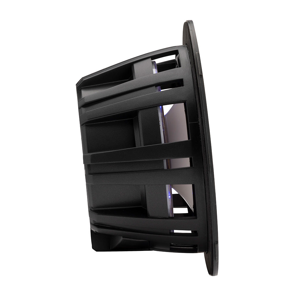 Black marine speaker with protective grille and blue LED accents for boat audio systems