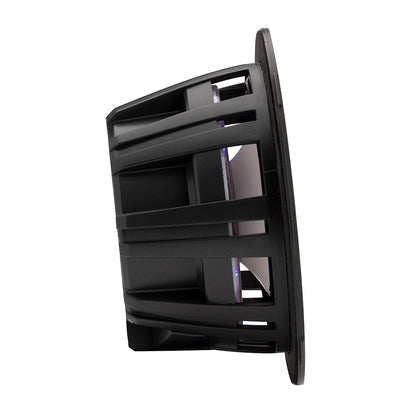 Black marine speaker with protective grille and blue LED accents for boat audio systems