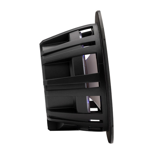Black marine speaker with protective grille and blue LED accents for boat audio systems