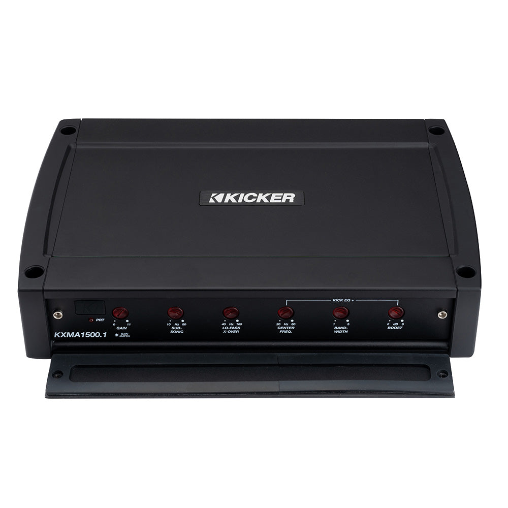 Kicker KXMA1500.1 car amplifier with red control knobs for gain, EQ, and boost settings