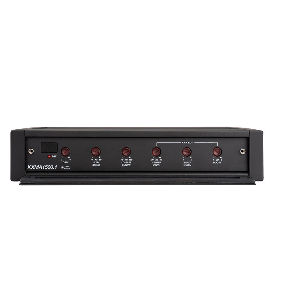 KXMA1500.1 car audio amplifier with red control knobs for gain, crossover, and EQ settings