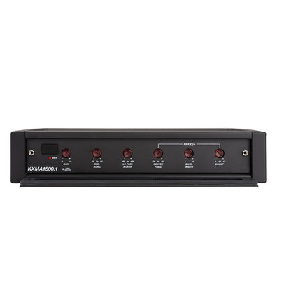 KXMA1500.1 car audio amplifier with red control knobs for gain, crossover, and EQ settings