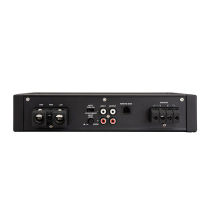 Rear panel of car audio amplifier with speaker, RCA, and power connections for high-quality installation