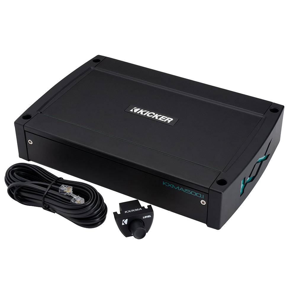 Kicker KXMA1500.1 car amplifier with remote level control and wiring harness for audio installation