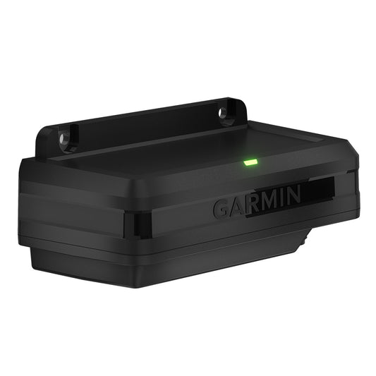 Garmin black GPS tracker with green LED indicator, compact design for vehicle or asset tracking