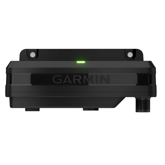 Garmin marine device with green power light, black housing, and mounting brackets