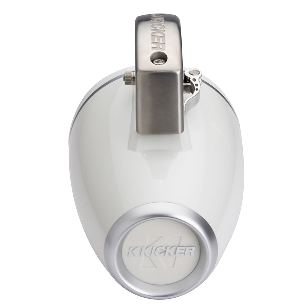 Kicker marine speaker with white housing and stainless steel clamp for boat audio installation