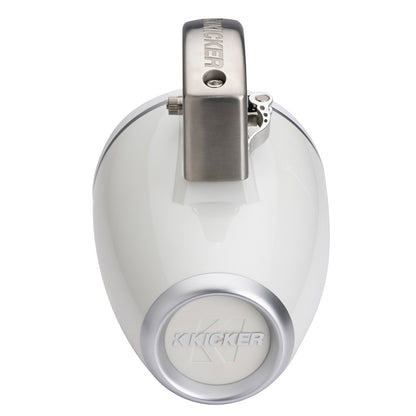Kicker marine speaker with white housing and stainless steel clamp for boat audio installation