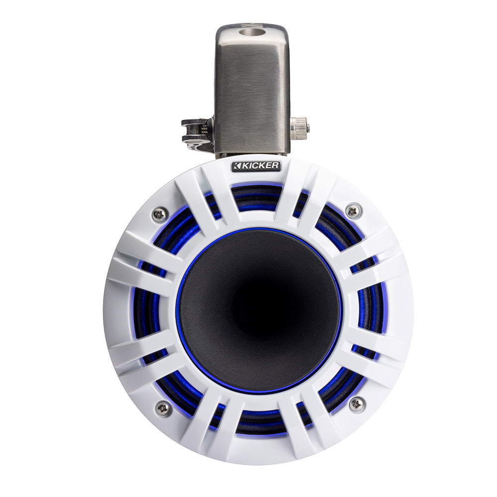 Kicker marine speaker with blue accents and white grille, ideal for boat audio systems