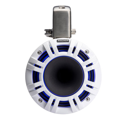 Kicker marine speaker with blue accents and white grille, ideal for boat audio systems