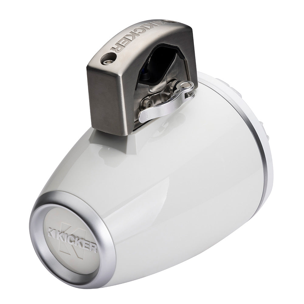 Kicker marine speaker with stainless steel mount, white housing, and silver accents for boat audio systems