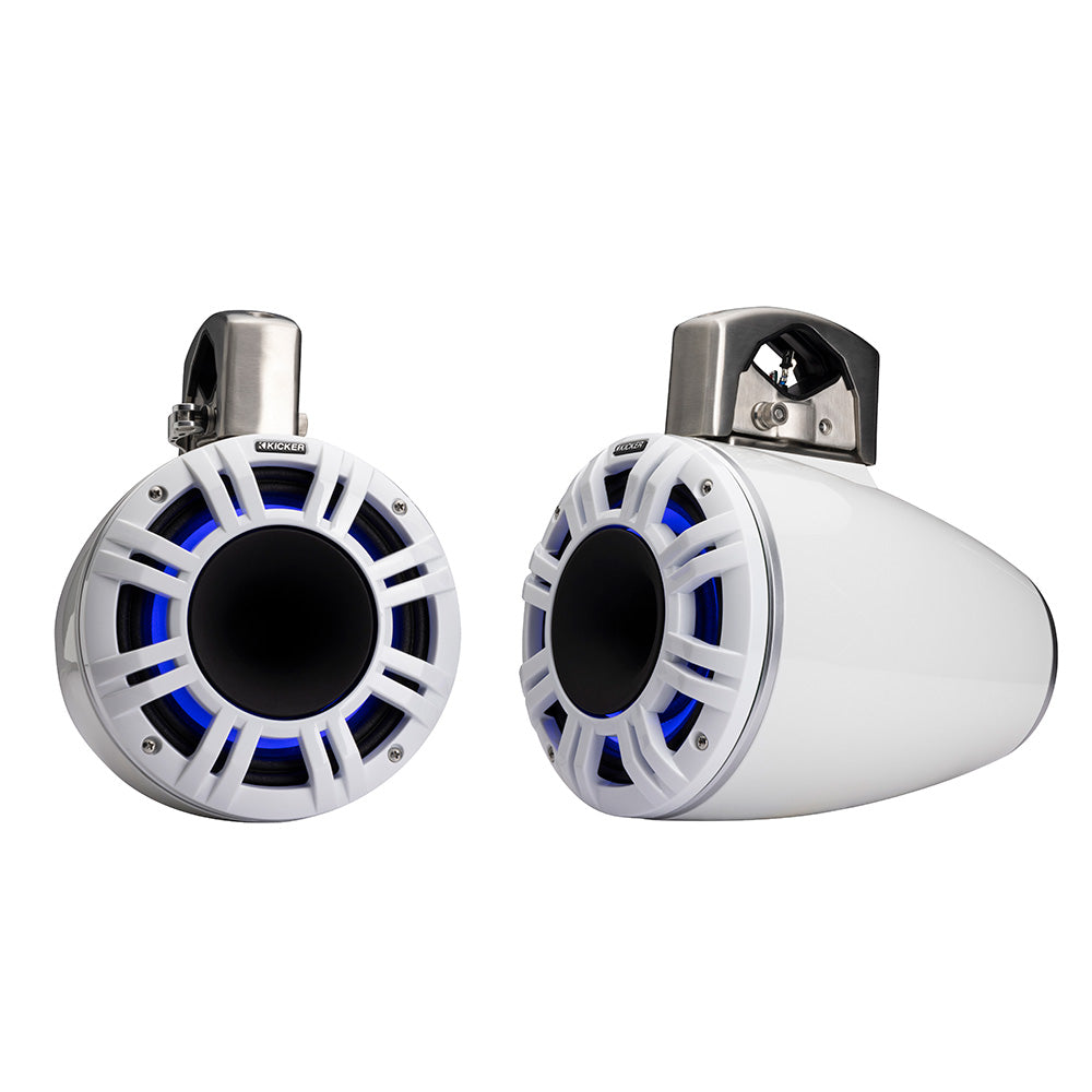 White Kicker marine speakers with blue LED lighting, stainless steel mounts, for boat audio systems