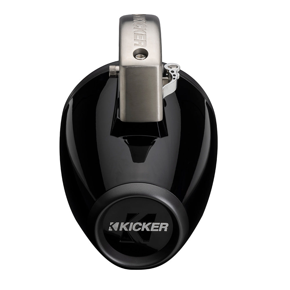 Kicker marine subwoofer with sleek black design and stainless steel accents for high-performance audio