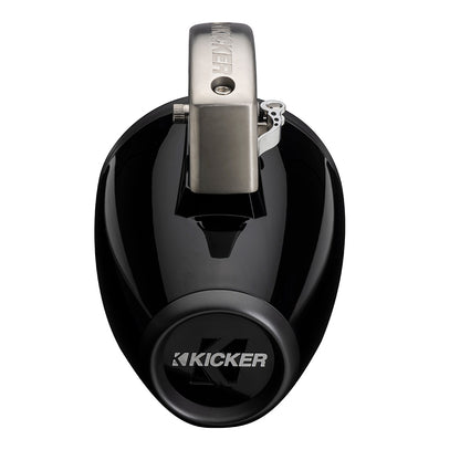 Kicker marine subwoofer with sleek black design and stainless steel accents for high-performance audio