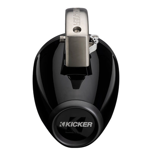Kicker marine subwoofer with sleek black design and stainless steel accents for high-performance audio