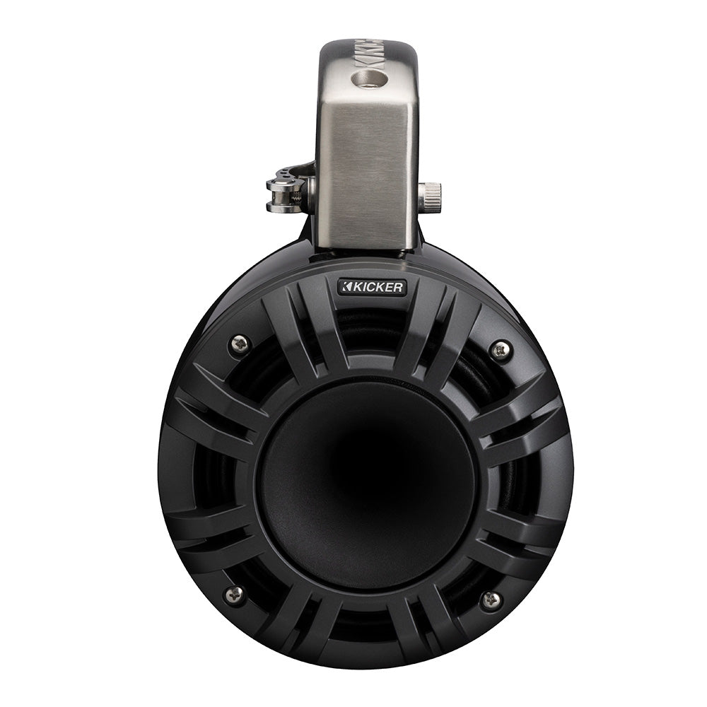 Kicker marine speaker with stainless steel mount, rugged black grille for boat audio systems