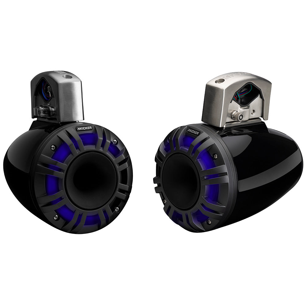 Kicker marine speakers with blue LED lighting, waterproof design for boat audio systems