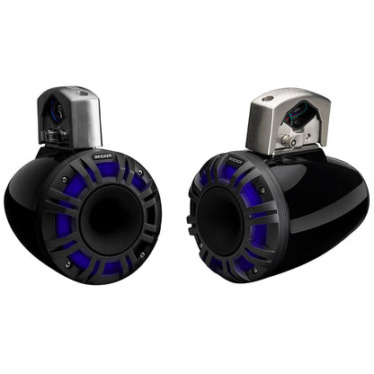 Kicker marine speakers with blue LED lighting, waterproof design for boat audio systems