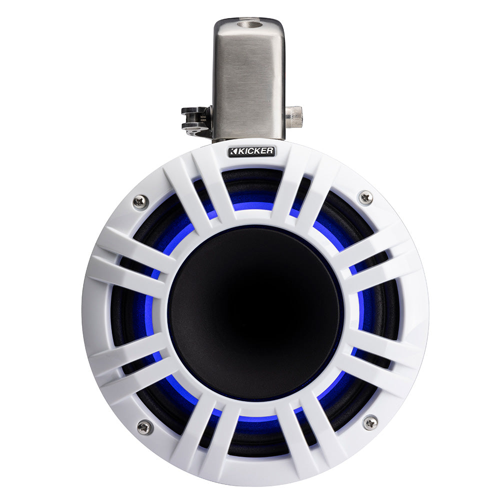 White Kicker marine speaker with blue LED lighting and stainless steel mount