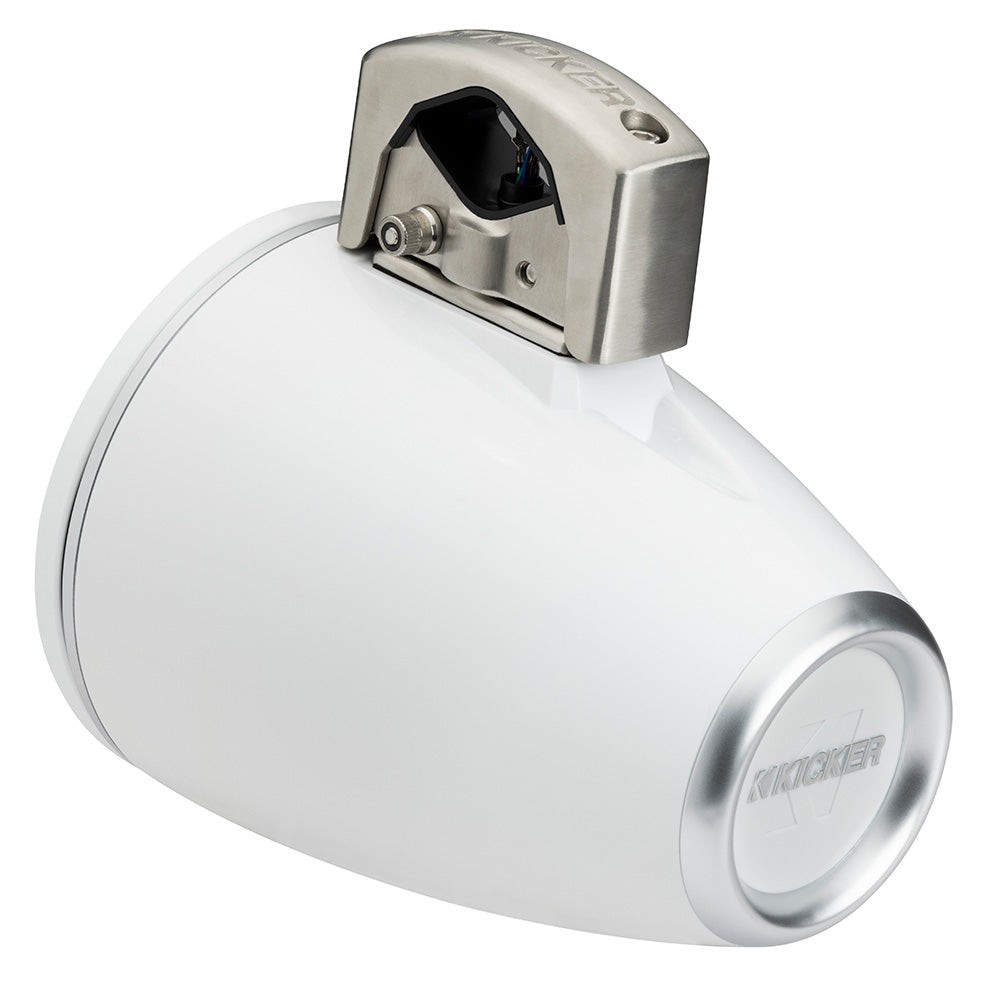 Kicker marine speaker with white enclosure and stainless steel mounting bracket for boat audio systems