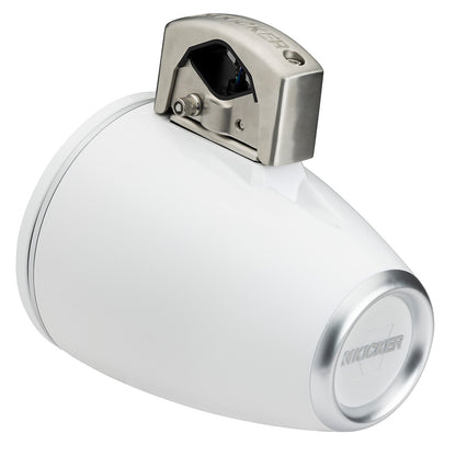 Kicker marine speaker with white enclosure and stainless steel mounting bracket for boat audio systems