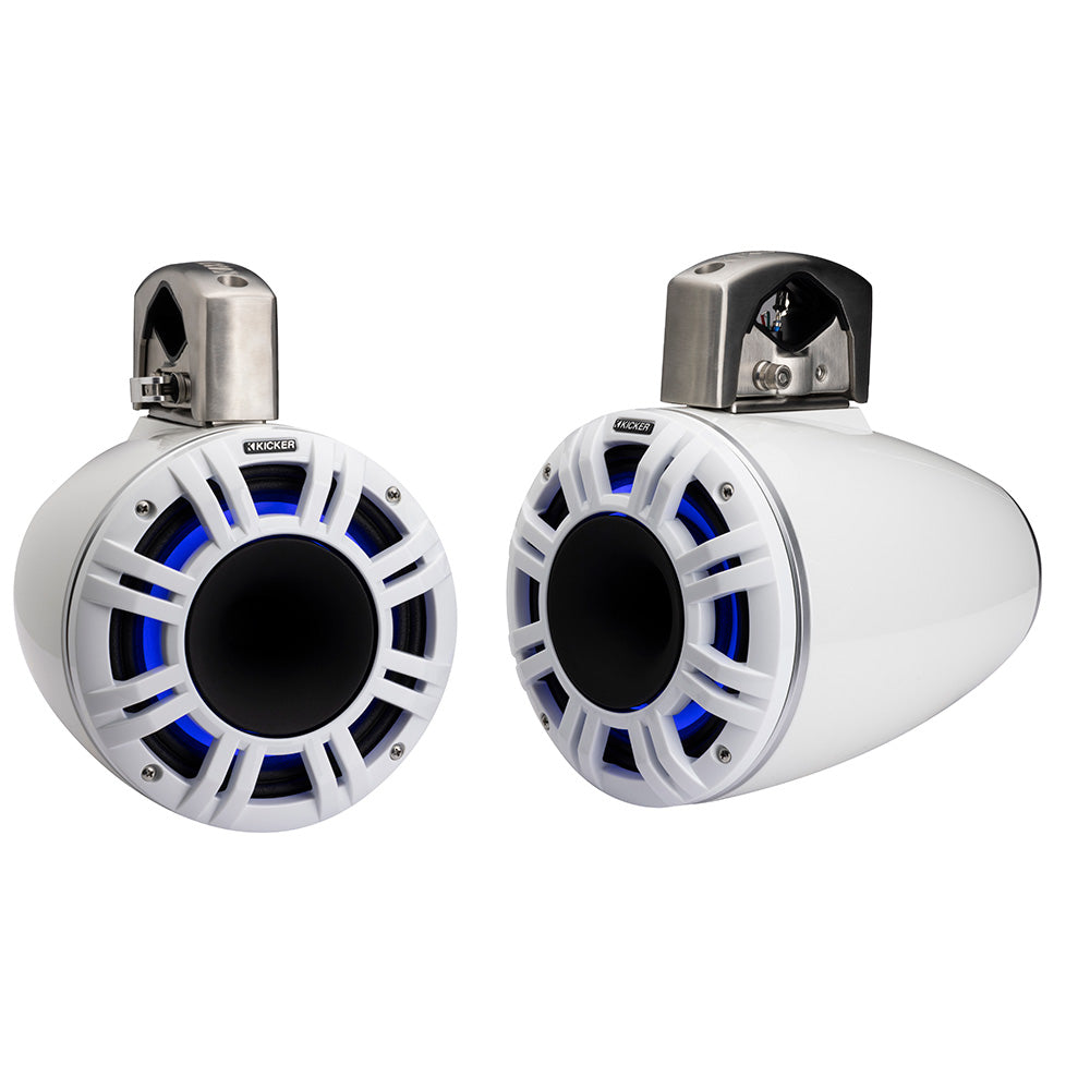 White Kicker marine speakers with blue LED lighting and stainless steel mounts