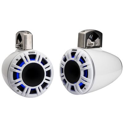 White Kicker marine speakers with blue LED lighting and stainless steel mounts