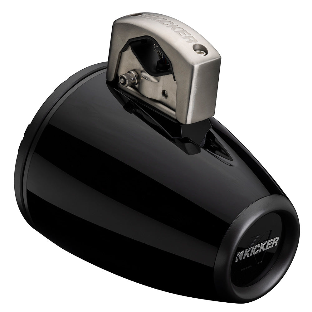 Kicker marine speaker with black housing and silver control panel, ideal for boat audio systems