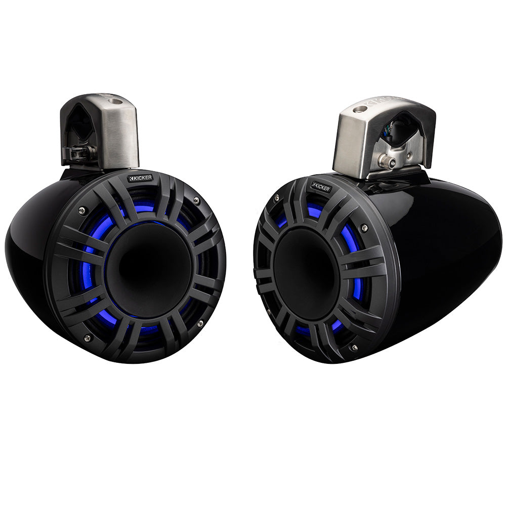 Kicker marine speakers with blue LED lighting, rugged black design for boat audio systems