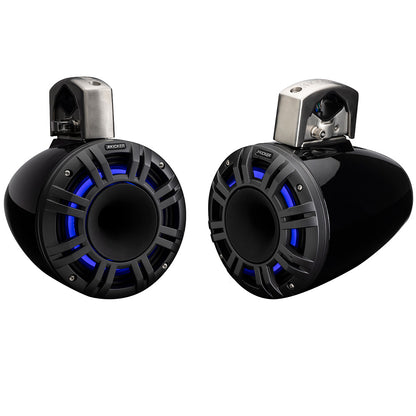 Kicker marine speakers with blue LED lighting, rugged black design for boat audio systems