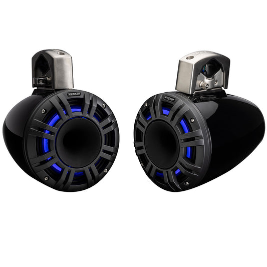 Kicker marine speakers with blue LED lighting, rugged black design for boat audio systems